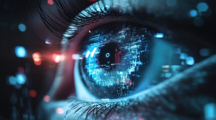 Poster - A Close-Up of a Human Eye with Digital Data Reflected in the Pupil
