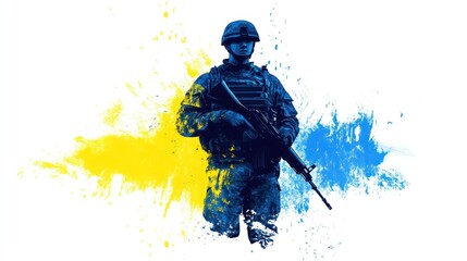 A silhouetted soldier in military uniform holding a rifle stands against a backdrop of blue and yellow paint splatter, representing the Ukrainian flag.