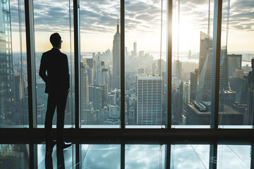 Business man in suit in office looking at modern city with skyscrapers through panoramic window, sunrise