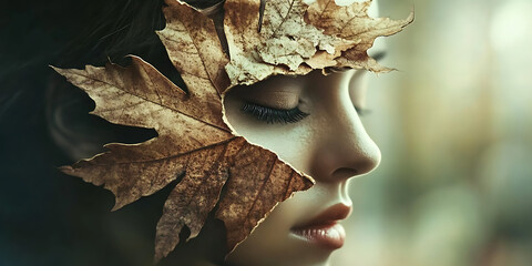 Autumnal Muse: A captivating portrait of a young woman, her eyes closed as if lost in thought, with a delicate maple leaf covering her face.