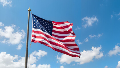 Waving American flag against a clear blue sky with white clouds for patriotism and national pride