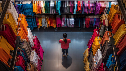 Woman shopping in colorful clothing store from above