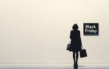 Aufkleber - Woman with shopping bags standing in front of a wall, in a minimalist room with a sign that reads 