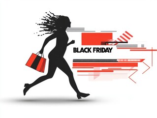 Aufkleber - Black silhouette of running woman with shopping bags on white background, text 