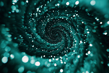 Abstract teal swirling vortex of lights and sparkles on dark background. Perfect for magical and mysterious Christmas or holiday celebration scenes.