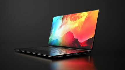 Leinwandbilder - Black Laptop with Abstract Colorful Screen Display on Dark Background