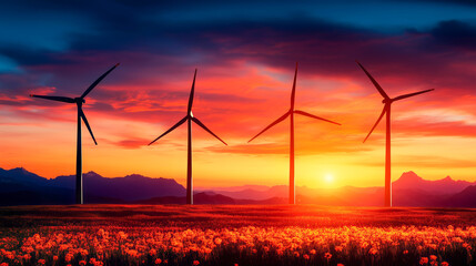 wind turbines at sunset, green future, eco-friendly society, renewable resources clean energy and environmentally conscious solutions