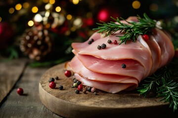  Thinly sliced ham arranged on a wooden board, garnished with rosemary and peppercorns.