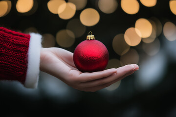 Close-up of hand holding red Christmas ornament with festive bokeh lights in background. Ideal for holiday decor, festive designs, and Christmas-themed imagery.