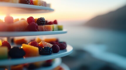 A beautifully arranged tiered plate filled with a variety of fresh fruits and berries, overlooking a breathtaking ocean view illuminated by warm sunset hues.