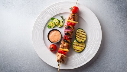 Grilled meat skewer with vegetables and sauce on a white plate; shish kabob or shish kebab with vegetables and sauce on a white plate on a white background; food photography