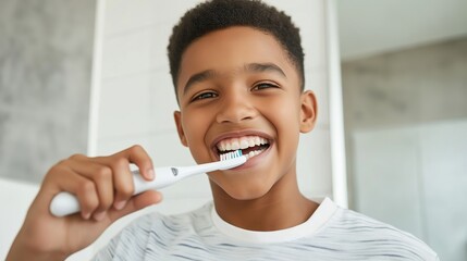 Cheerful African American boy happily brushing his teeth in a bright and modern bathroom while smiling at the camera.