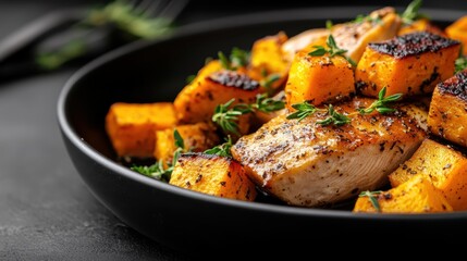 This image captures a delicious dish of grilled chicken served alongside roasted squash, garnished with fresh thyme, creating a delectable and savory meal scene.