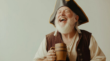 Elderly pirate with a big white beard is joyfully laughing as he holds a beer stein