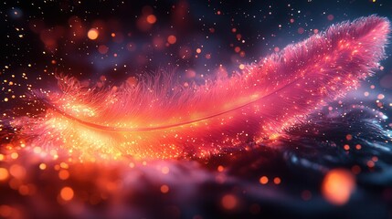 Wall Mural - A close-up of a vibrant feather illuminated with glowing particles against a dark background, creating a fantastical and dreamy atmosphere.