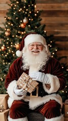 Wall Mural - A joyful Santa Claus sits in front of a festive Christmas tree, joyfully offering a wrapped gift box with one hand while displaying a cheerful smile, ready for the celebration