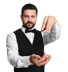 Poster - Croupier with casino chips on white background