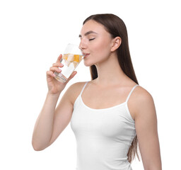 Poster - Woman drinking water with lemon on white background