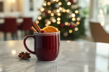 A red mug of mulled wine with cinnamon sticks, orange slices, and star anise, with a blurred Christmas tree background