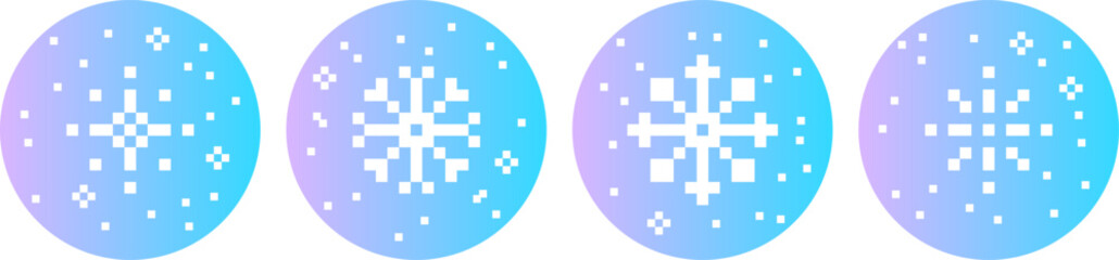 Poster - Pixel snowflake sticker set. Winter naive color element in pixel art. Mood of 90's aesthetics. 8 bit retro style vector illustration. Simple geometric shape for collage and poster. Gradient background