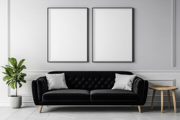 Mock up frames on the wall in a modern luxury minimalist living room with a black velvet sofa