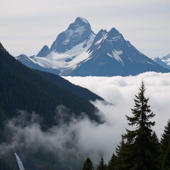  A majestic mountain forest landscape showcases foggy mornings and sunbeam rays breaking through