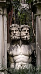 A medium shot of the statue of Janus, the two-headed Roman god of beginnings and endings. The statue is situated between two stone pillars and has a weathered appearance. 