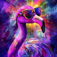 Poster - A vibrant pink flamingo wearing stylish sunglasses, radiating coolness against a colorful, abstract background.