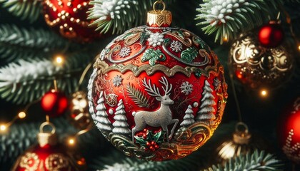 Close-up of a red Christmas ornament with gold and silver details, including a reindeer, Christmas trees, and snowflakes, hanging on a tree decorated with lights and other ornaments