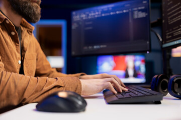Poster - developer working from apartment securing servers from ddos attacks to avoid unwanted breakdowns. ex