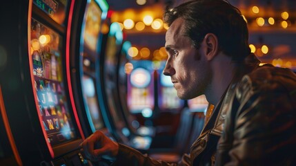 Caucasian man focused on playing a slot machine in a casino with colorful lights. Concept of gaming excitement, gambling atmosphere, gambling addiction, and concentration