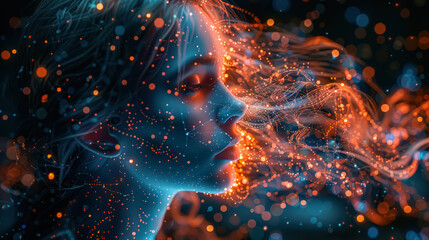 Wall Mural - woman's face is shown in a blurry, glowing light. the image is abstract and surreal, with the woman'