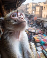 Monkey watching over crowded marketplace from above