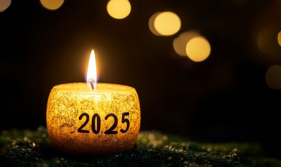 A lit candle with the number 2025 written on it