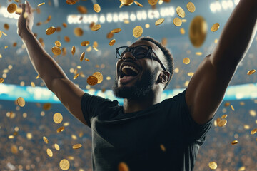 Young adult Black man in a football stadium, arms raised in excitement, with gold coins flying around him, expressing pure joy.