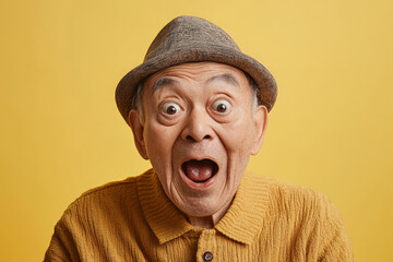 Senior Japanese granddad with a surprised, wide-eyed expression, his wrinkled face full of character and joy, set against a soft yellow background.