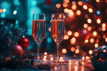 two glasses of champagne are on the table. new year atmosphere. festive atmosphere. champagne on Christmas Eve. bokeh background