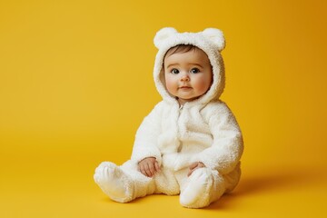 Wall Mural - adorable baby in white bear pajamas sitting on yellow background with copy space