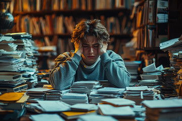 Wall Mural - A young adult overwhelmed with stacks of work, visibly stressed and anxious. Concept of stress.