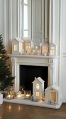 Poster - White wooden houses and Christmas trees adorn the fireplace, illuminated by warm candle lights. Green pine boughs enhance the festive atmosphere, creating a cozy holiday setting