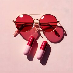 Female composition on pastel pink backgrounds, sunglasses and capsules