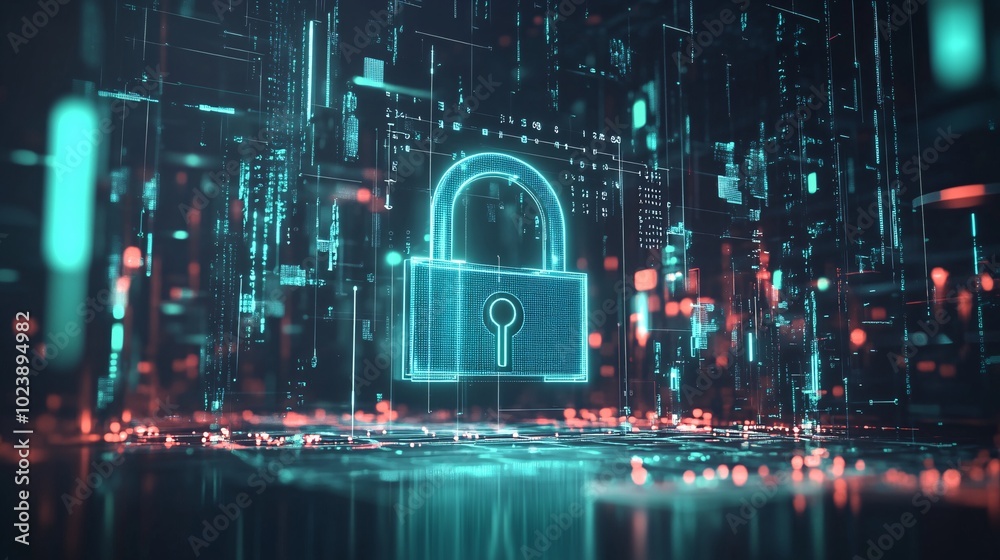Futuristic Digital Security Concept with Glowing Padlock and Data Flow