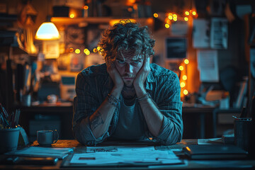 Poster - a person sitting at a desk, paralyzed by indecision, overwhelmed by anxiety about the future. concep