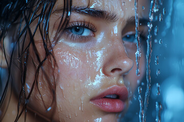 Poster - a person crying in the shower, using the sound of water to mask their sobs. concept of emotional rel