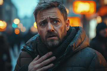 Canvas Print - A man gripping his chest, having a panic attack in the middle of a busy street. Concept of anxiety disorder.