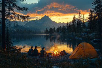 Canvas Print - A group of friends camping by a lake, roasting marshmallows over a fire and enjoying the evening together. Concept of bonding.