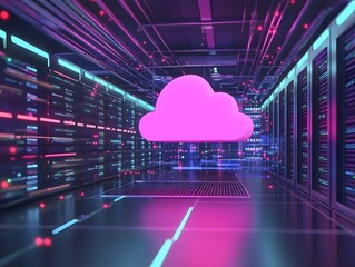 Poster - Futuristic digital cloud symbol above server racks, showcasing advanced technology and data storage in a vibrant neon environment.