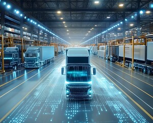 Poster - Futuristic truck in a modern warehouse, showcasing digital overlay and advanced logistics technology in action.