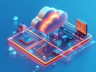 Poster - Futuristic cloud computing concept featuring a colorful circuit board with digital connections and vibrant neon lights.