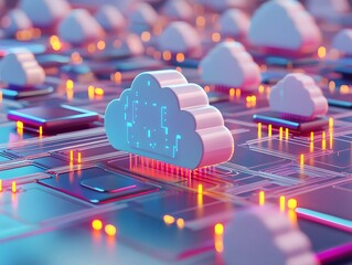 Poster - Futuristic cloud computing design featuring digital circuits and glowing elements, representing technology and data storage.